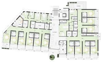 Grundriss des Erdgeschosses des Oberland Hospiz mit acht Gästezimmern, Gemeinschaftsbereichen, Pflegebad und zentralem Flur.